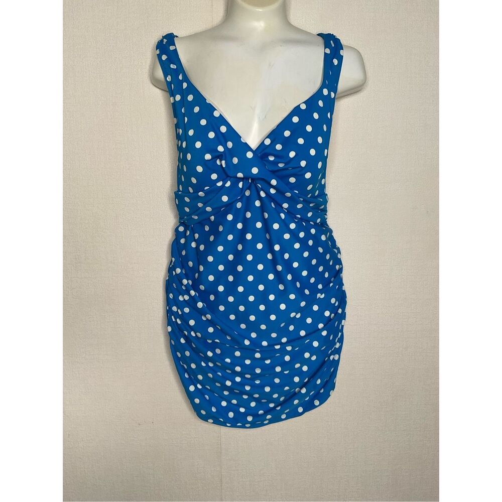 LL‎ Bean One Piece Swim Suit Womens 12 Blue Polka Dot Padded Sleeveless UPF 50+